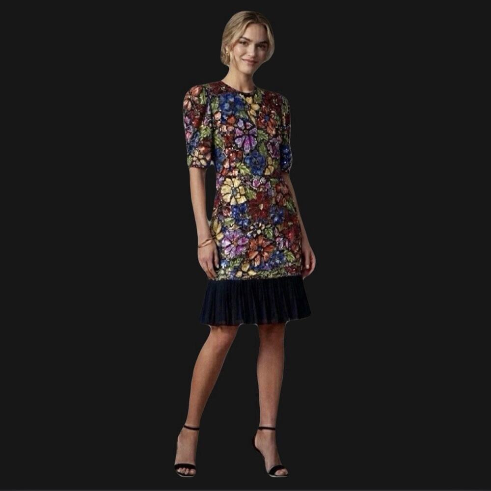 VTG Designer Richilene Floral Hand Beaded Sequin Dress Evening Wear Size XS